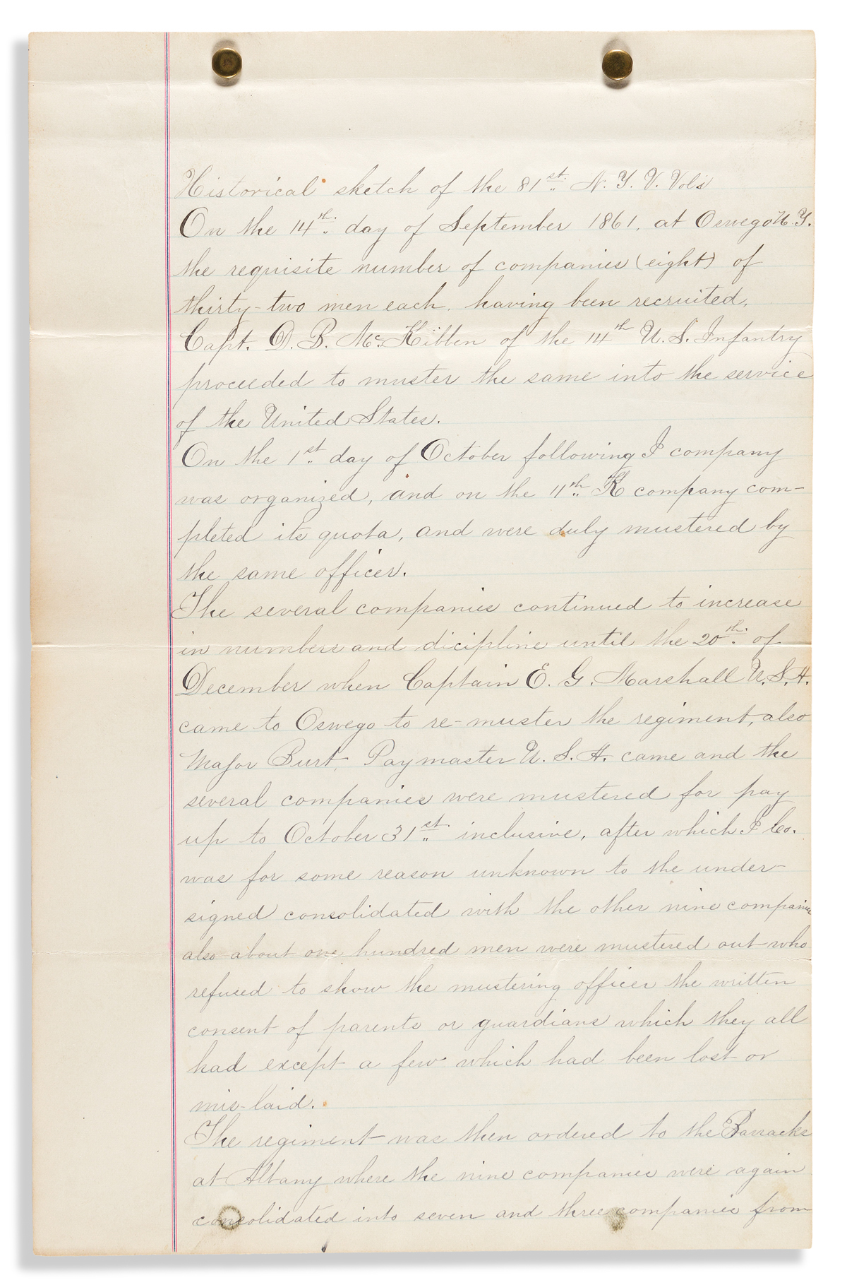 (CIVIL WAR--NEW YORK.) Jacob J. DeForest. Manuscript history of the 81st New York Infantry.